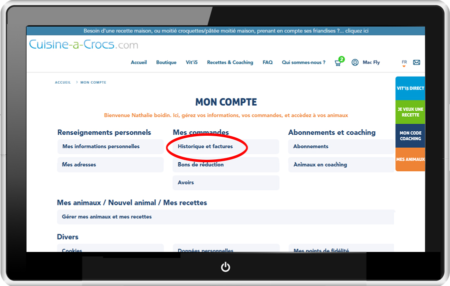 mon compte cuisine-a-crocs - historique des commandes et factures